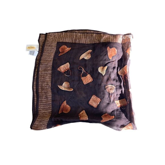 Talbots Womens 100% Silk Brown Black Scarf With Hat Purse Bag Pattern - Picture 2 of 4